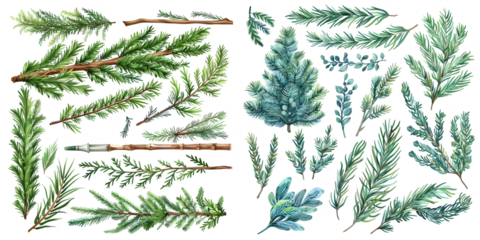collection of evergreen fir tree and juniper twigs. Generative AI.