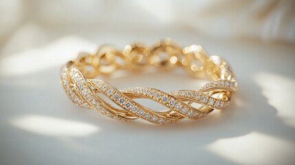 Fototapeta premium A designer gold bracelet with diamonds, placed on a white background, AI Generative.