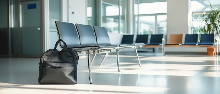 An empty examination table next to a black travel bag in a brightly lit waiting room