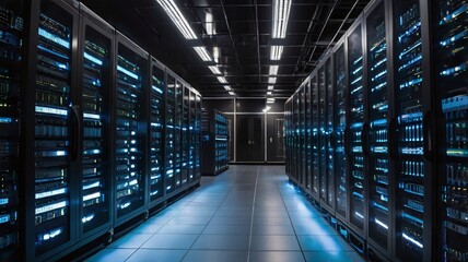 Fototapeta premium Data centers filled with rows and rows of servers as blinking light indicate constant processing, high detail, cinematic angle composition