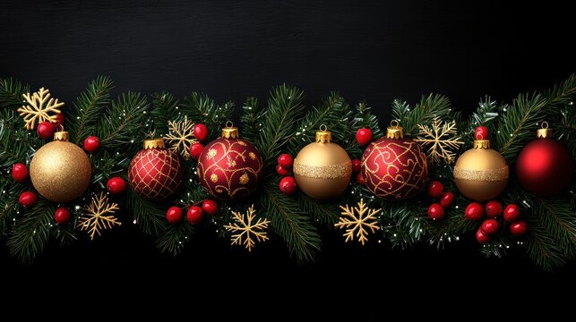 Christmas border of ornaments, red berries, snowflakes, and fir branches on black background.