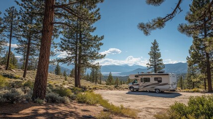A spacious motorhome parked under towering pine trees with mountains in the background on a sunny day