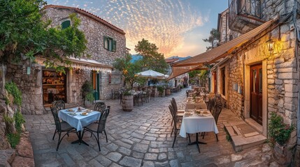 Charming outdoor café in Budva's old town during sunset with stone architecture and inviting atmosphere