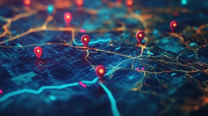 Obraz premium Conceptual image of a map with geolocated shipments marked by interactive pins and digital icons