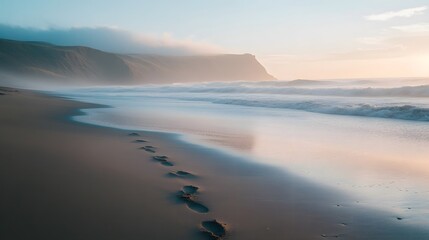 Fototapeta premium Calm beach scene at dawn with footprints in the sand leading forward symbolizing a new chapter