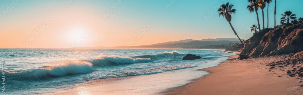 Poster a tranquil sunset over the malibu coastline with gentle waves lapping at the shore and palm trees sw