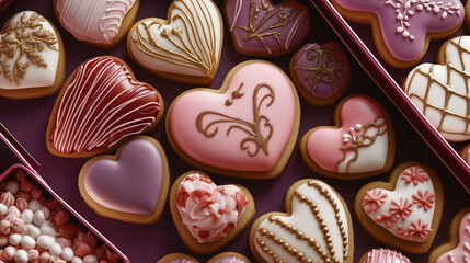 Bildbeschreibung (140 Zeichen):
Edle Plätzchen-Komposition für Valentinstag in hochwertiger Geschenkverpackung, handgefertigte Herzkekse mit luxuriöser Dekoration, Premium-Design