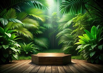 Lush tropical backdrop illuminates a green wooden podium, showcasing product in low light.