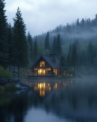 Tranquil Lakeside Cabin Retreat in the Misty Forest at Dusk