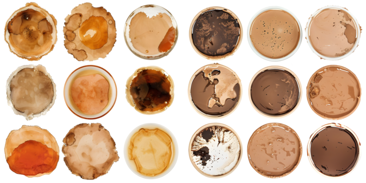 Set of Coffee stains isolated on a white background. Royalty high-quality free stock PNG image of Coffee and Tea Stains Cup Bottoms. Generative AI.