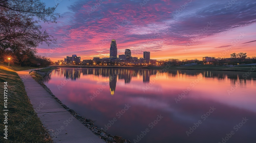 Aufkleber serene twilight view of the omaha skyline reflecting on the river with colorful clouds during sunset