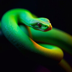 Fototapeta premium Green snake close up with shiny scales on black background that contrasts with its bright color.