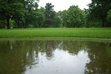 Fototapeta premium Rain falls on a lush green park reflecting in a puddle