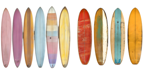 Set of colorful wooden vintage Surfboard. Generative AI.