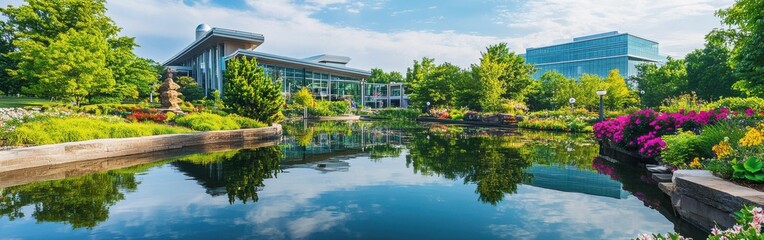 A peaceful afternoon in lush gardens with vibrant flowers and tranquil water reflections