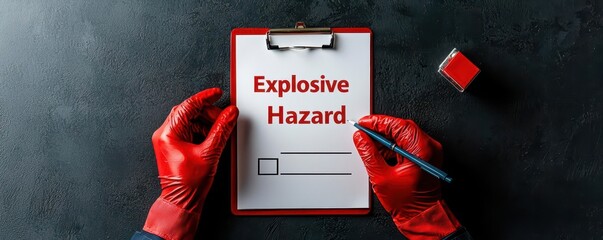 3D Person holding a clipboard labeled Safety Checklist with Explosive Hazard highlighted in bold red text, concept of inspection, mining safety, and compliance, clean minimal backgrou
