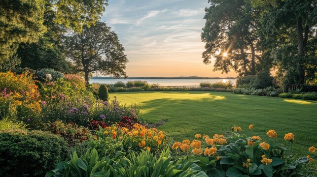 A tranquil evening in lush gardens overlooking the serene lake at sunset with vibrant flowers and greenery enhancing the landscape