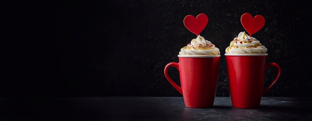 Two red cups on stone surface for valentine's day latte coffee with hearts on black background style