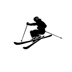 Silhouette of Skier Jumping Mid-Air, Black silhouette of a skier performing a jump with poles in hand, showcasing dynamic winter sport action on a white background.

