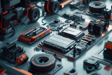 Variety of electric car components on an assembly line with battery packs, electric motors, and carbon fiber housings 