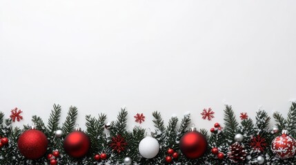 Christmas border with red and white ornaments, fir branches, and snow on white background.