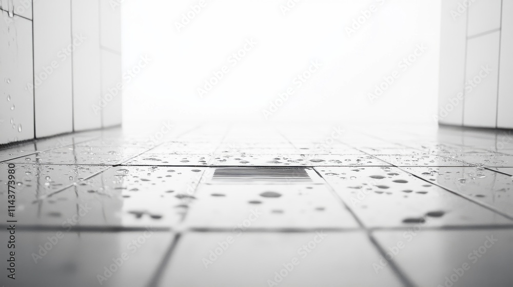 Poster a close-up view of a tiled floor with droplets and a drain, capturing the tranquility of a clean spa