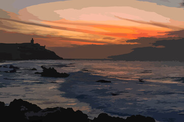 Illustration of a dramatic sunset over the ocean with a silhouette of a lighthouse perched on a rocky coastline, creating a serene and picturesque seascape.