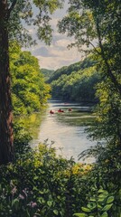 Fototapeta premium Kayakers enjoy a peaceful journey on the Chattahoochee River surrounded by lush greenery and gentle hills during a sunny day