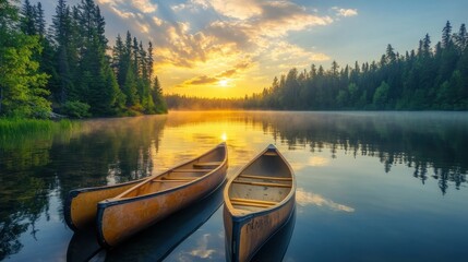 A peaceful sunset over the Boundary Waters Canoe Area with two canoes anchored on a calm lake