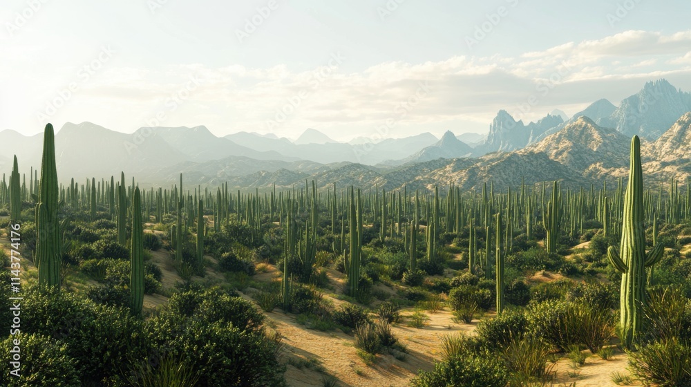 Poster a tranquil desert valley with towering cacti under a clear sky during golden hour