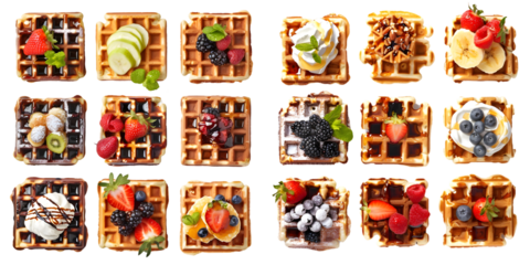 Set of delicious waffles with different toppings. Generative AI.