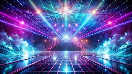 Fototapeta premium Futuristic Neon Laser Show Stage with Glowing Grid Pathway and Celestial Background
