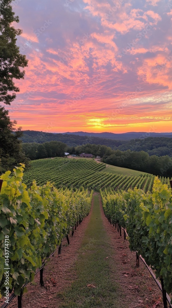 Poster a colorful sunset over the lush vineyards in north, showcasing rows of grapevines and tranquil hills
