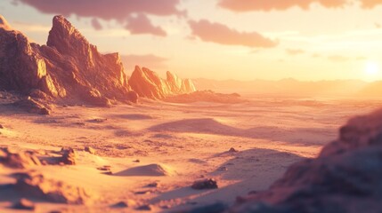 Naklejka premium Sunset over a vast, sandy desert landscape with rocky formations.