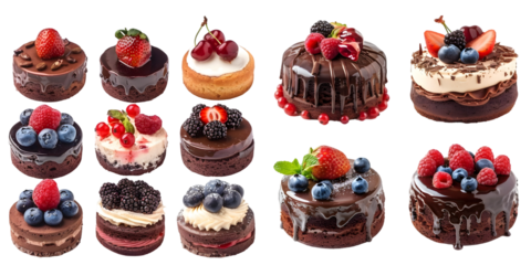 Set of different chocolate and vanilla berry cakes decorated with fresh blueberry, strawberry, raspberry, cherry. Generative AI.