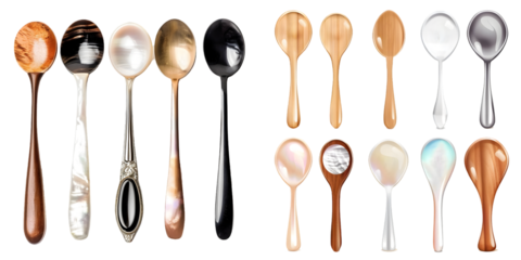 set of different spoons, wooden, mother-of-pearl, silver and horn ones. Generative AI.