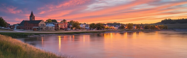 Fototapeta premium A tranquil evening view of the charming town along the river at sunset, showcasing vibrant colors and peaceful reflections