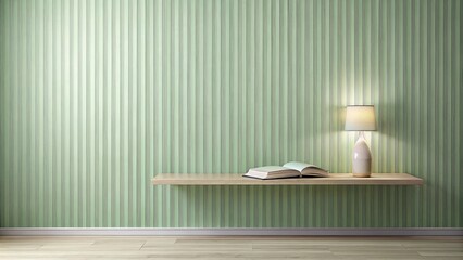 Serene Minimalist Interior Design Featuring a Light Wooden Shelf, Illuminated Table Lamp, and Open Book Against a Soft Green Striped Wall
