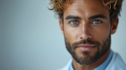 Fototapeta premium Close-up portrait of a man with curly hair and blue eyes.