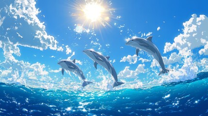Fototapeta premium Three dolphins leap from ocean under bright sun.