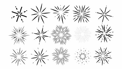 Set of fireworks explosions, black and white vector illustration isolated