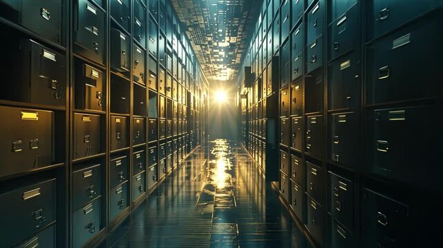Wet floor reflects light shining at the end of a mysterious hallway with numbered deposit boxes inside a bank vault, suggesting a sense of secrecy, security, and wealth