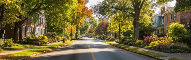 Naklejka premium A serene autumn afternoon stroll through the charming streets of a picturesque town