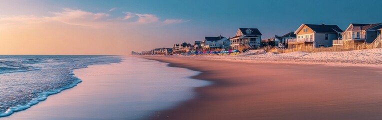 A serene evening at the Jersey Shore with gentle waves and charming beach houses lining the sandy beach