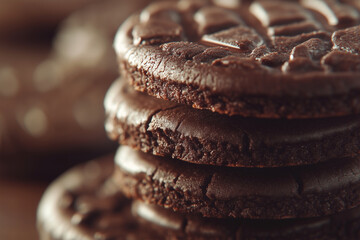 stack of chocolate cookies with a chocolate glaze. The cookies are piled on top of each other, creating a delicious and tempting treat