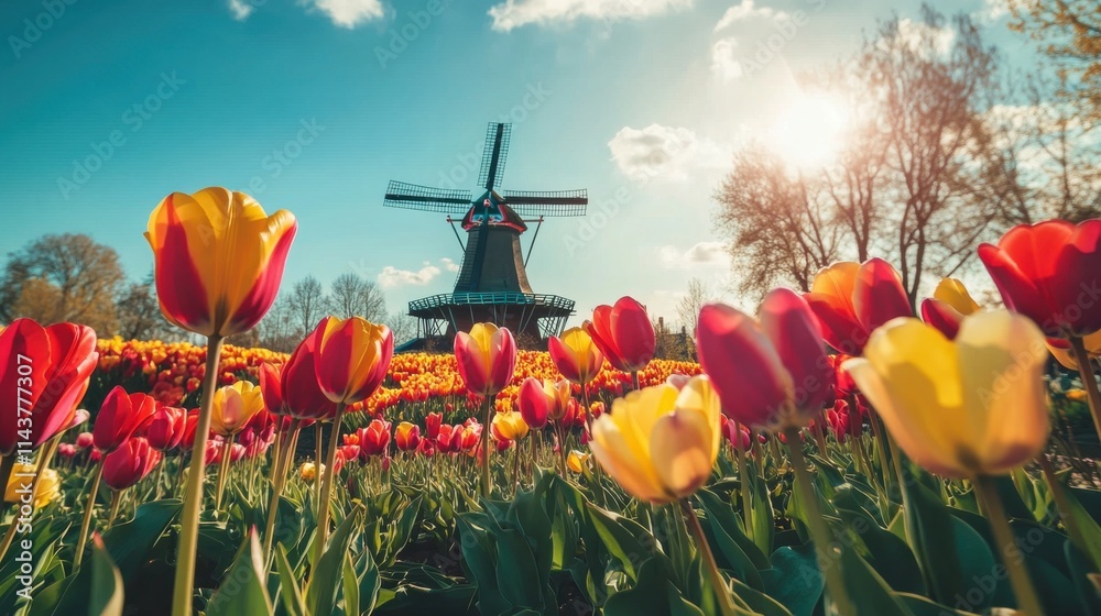 Poster vibrant tulip fields in full bloom near a charming windmill on a sunny spring day