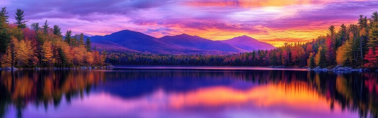 A stunning sunset over the tranquil waters of a lake surrounded by the vibrant foliage of the Adirondack Mountains in autumn