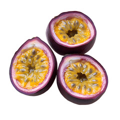 Three Passion Fruits Sliced Open, Showing Seeds, Isolated on White Background