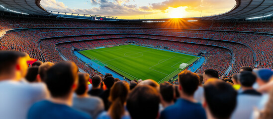 A wide view of a large soccer stadium filled with fans, watching a match as the sun sets. The vibrant green field contrasts with the packed stands, creating an energetic and immersive atmosphere.