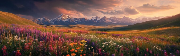 Obraz premium A vibrant landscape showcasing rolling hills adorned with wildflowers against a majestic mountain backdrop during sunset